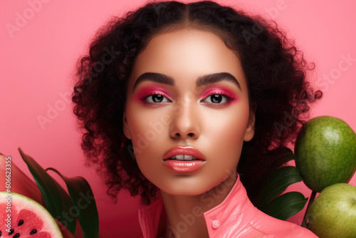 Fototapete Portrait of a woman with a guava-inspired makeup look, featuring bold pink eyesh