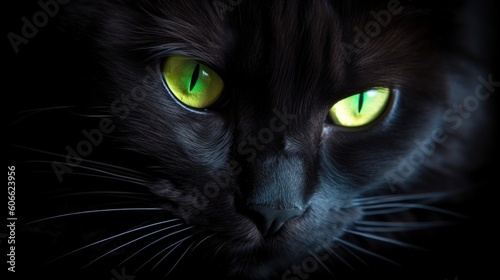 Black cat green eyes posing on a black background generative ai