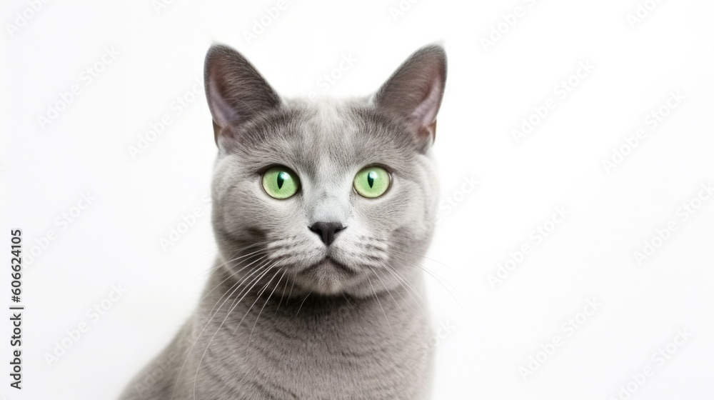 Fototapeta premium Gray cat with green eyes sitting generative ai