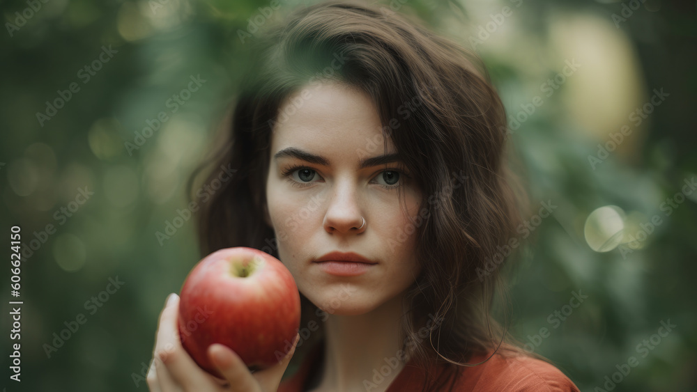 Φωτογραφία Radiant portrait of a woman holding a crisp red apple, with a green apple tree i