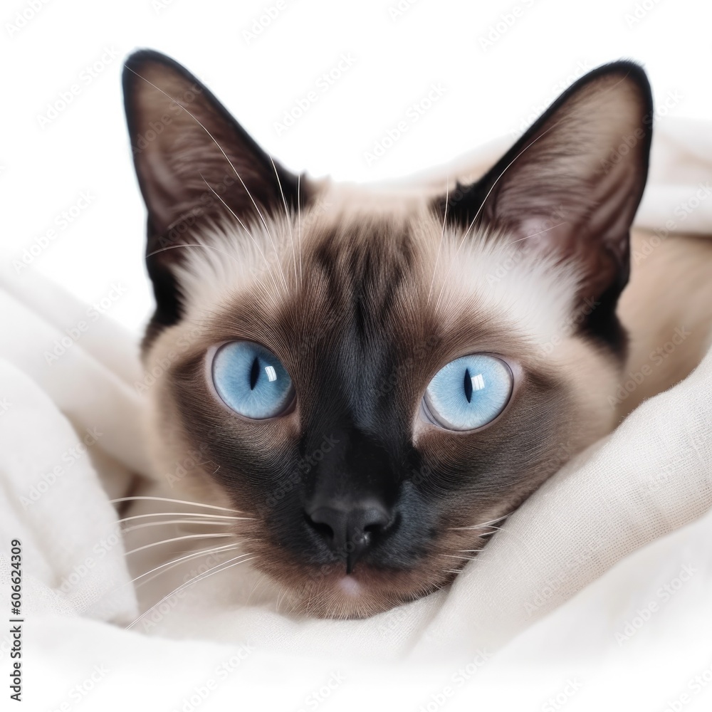 siamese cat with blue eyes on a white background generative ai