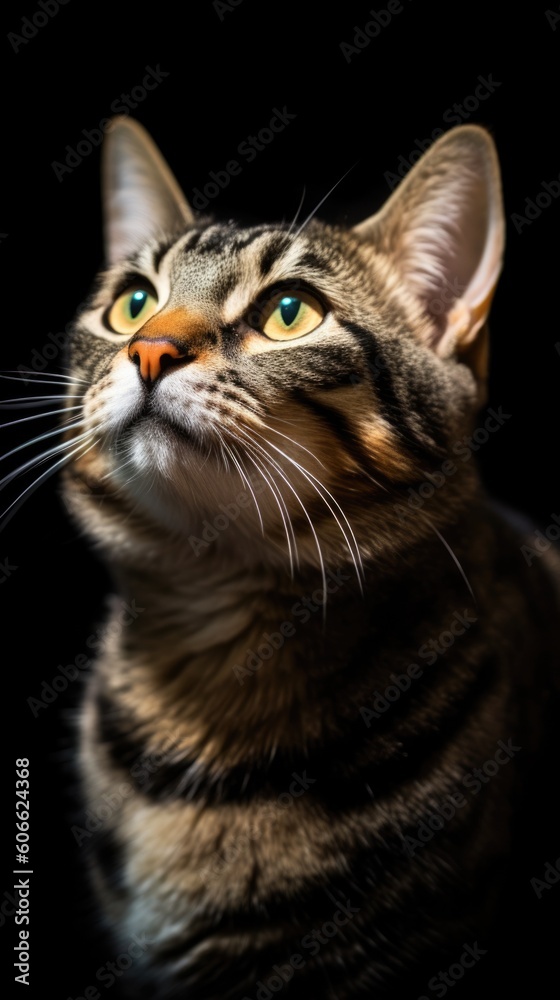 a tabby cat with orange eyes looking up on a black background generative ai