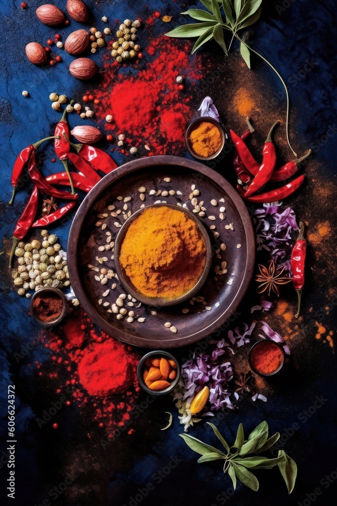 Colourful background from various herbs and spices for cooking in bowls.