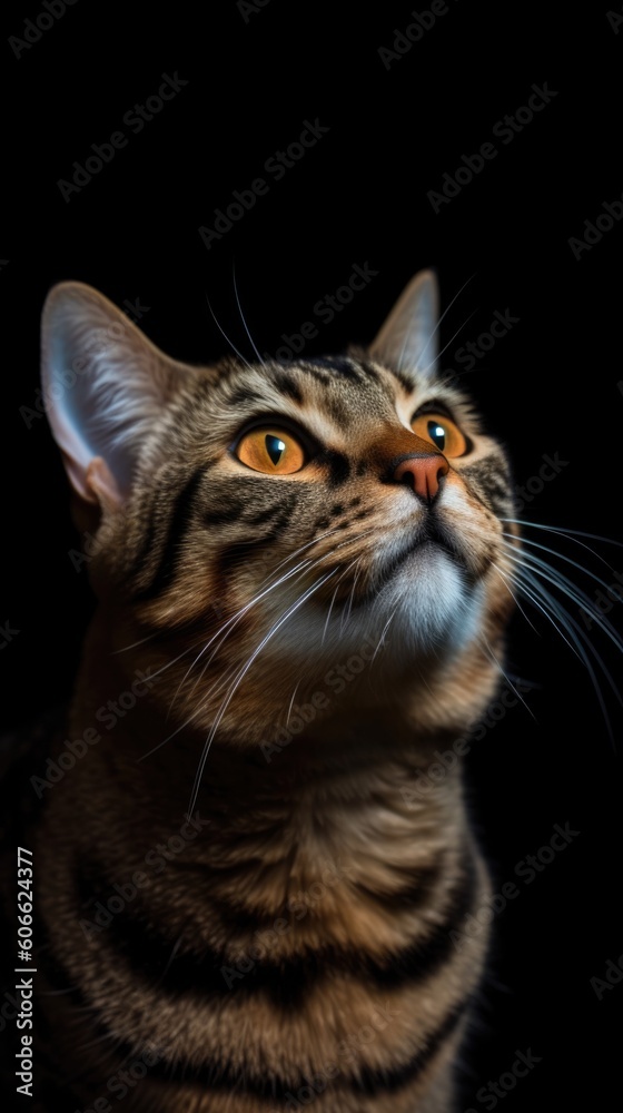 a tabby cat with orange eyes looking up on a black background generative ai