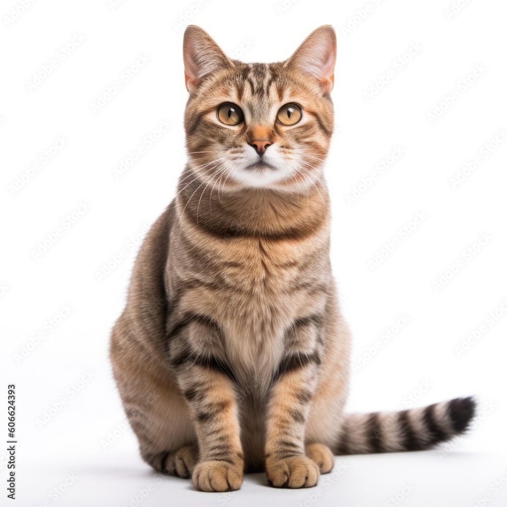 a tabby cat with orange eyes looking up on a white background generative ai