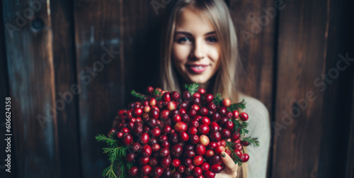 Radiant woman holding a bouquet of ripe cranberries against a rustic wooden background with a warm and cozy vibe, generative ai