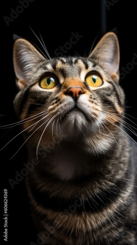 a tabby cat with orange eyes looking up on a black background generative ai © Francheska