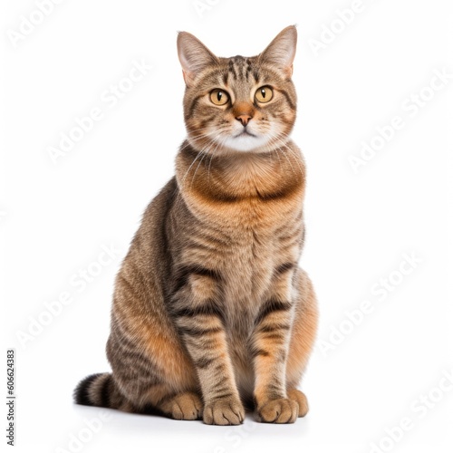 a tabby cat with orange eyes looking up on a white background generative ai © Francheska