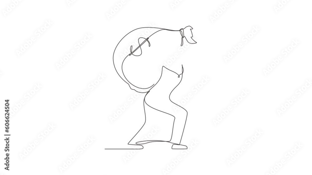 Animated self drawing of continuous line draw Arabian businesswoman carrying big heavy money bag on back. Financial problems, taxation burden or business debt, deadline. Full length one line animation Animated self drawing of continuous line draw Arabian businesswoman carrying big heavy money bag on back. Financial problems, taxation burden or business debt, deadline. Full length one line animation