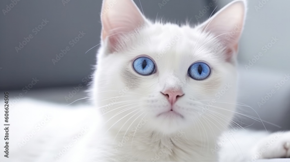 a white cat with blue eyes staring at the camera on white background generative ai