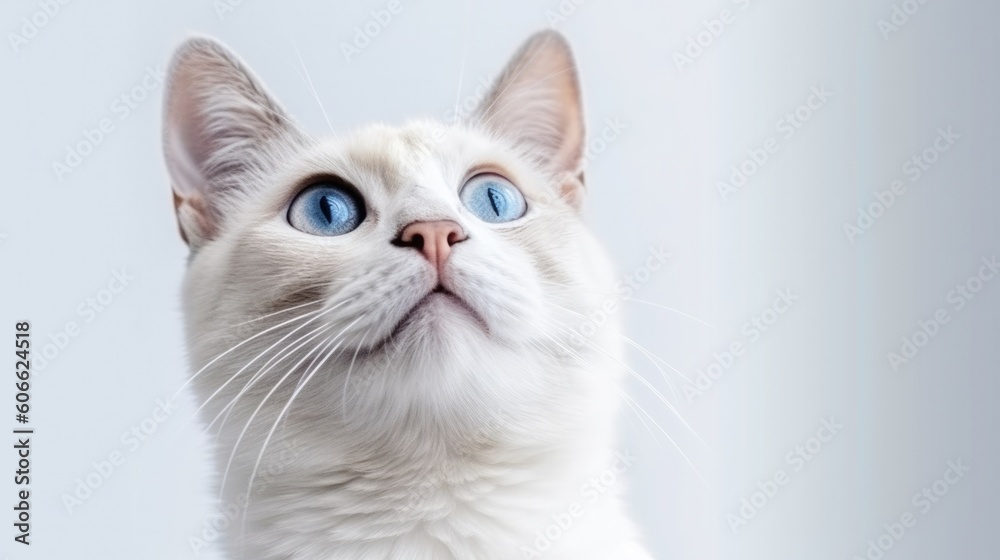 a white cat with blue eyes staring at the camera on white background generative ai
