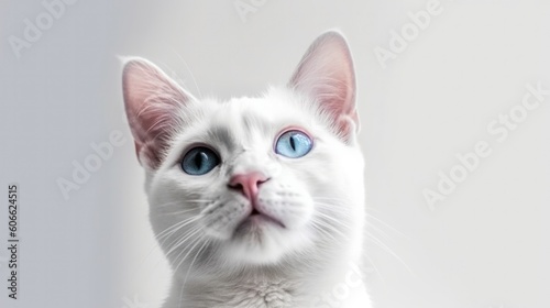 a white cat with blue eyes staring at the camera on white background generative ai © Francheska