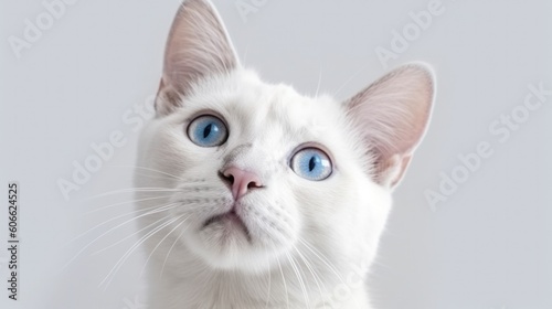 a white cat with blue eyes staring at the camera on white background generative ai