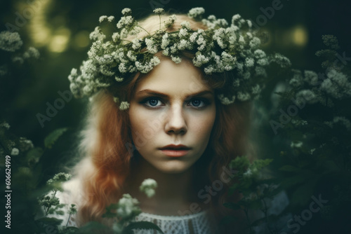 stunning portrait of a woman with a wreath of elderberry flowers in her hair, standing against a blurred forest background, generative ai