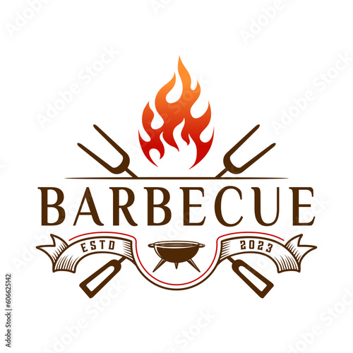 Barbecue logo. grill, spatula and fork elements. vintage style, for steak house,  for restaurant or barbecue