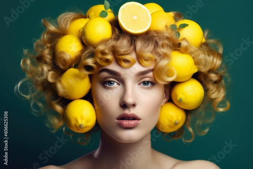 Vibrant portrait of a woman with slices of lemon arranged on her hair  generative ai