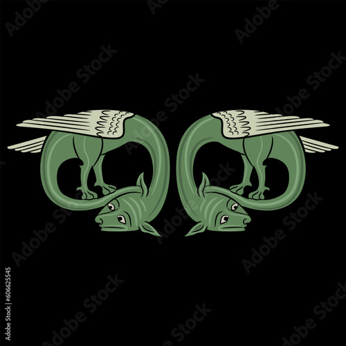 Symmetrical animal design or frame with two medieval dragons. Illuminated manuscript motif. On black background.