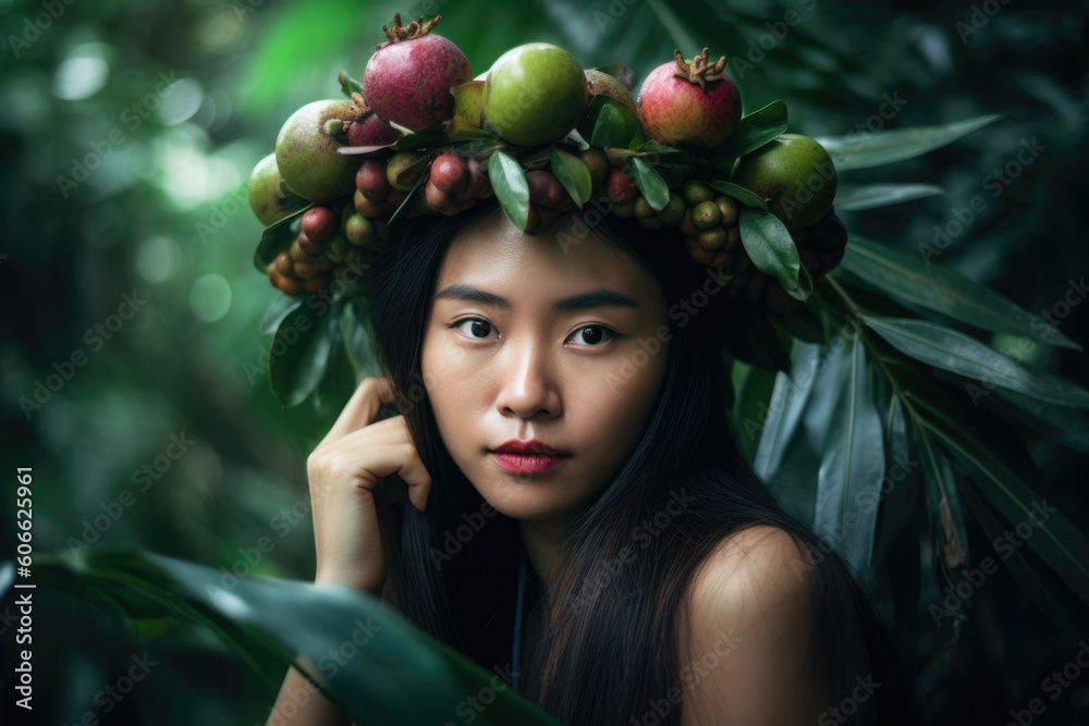 Φωτογραφία a beautiful woman with a wreath of mangosteen fruits in her hair surrounded by l
