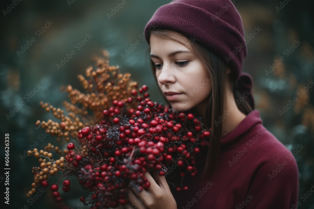 Beautiful woman smelling a freshly picked bouquet of barberries with a serene expression, generative ai Beautiful woman smelling a freshly picked bouquet of barberries with a serene expression, generative ai
