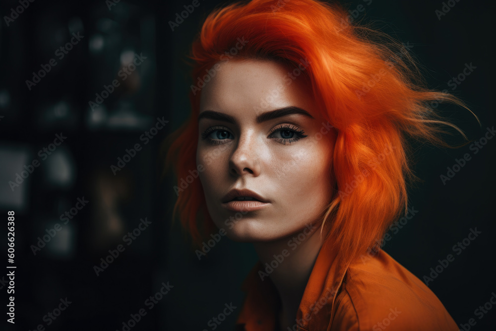Bold and Empowering Portrait of a Woman with Tangerine-Colored Hair and a Fierce Expression, generative ai Bold and Empowering Portrait of a Woman with Tangerine-Colored Hair and a Fierce Expression, generative ai
