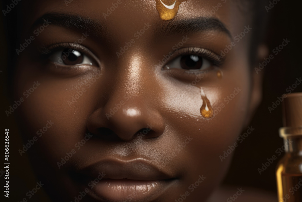 Captivating close-up of a woman's face with marula oil dripped over her skin, highlighting its moisturizing and nourishing properties, generative ai Captivating close-up of a woman's face with marula oil dripped over her skin, highlighting its moisturizing and nourishing properties, generative ai