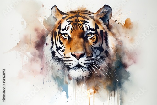 Paint a realistic portrait of a tiger in the jungle watercolor painting, beautiful natural forms, crisp clean shapes, colorful, white background, generate ai photo