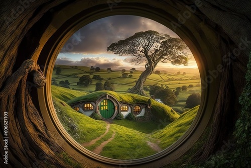 Concept art illustration of hobbit house, generate ai
