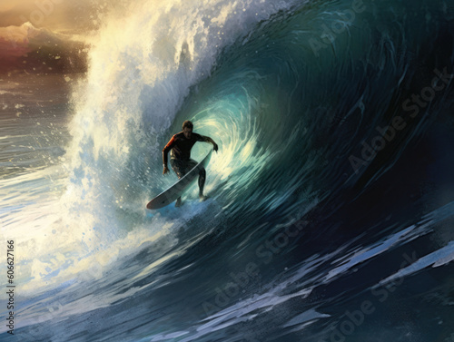 Surfer on Blue Ocean Wave in the Tube Getting Barreled © STORYTELLER