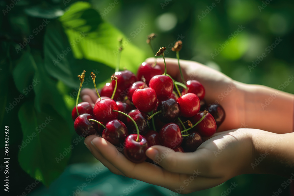 Φωτογραφία Close-up of a woman's hands holding a few ripe cherries with green leaves agains