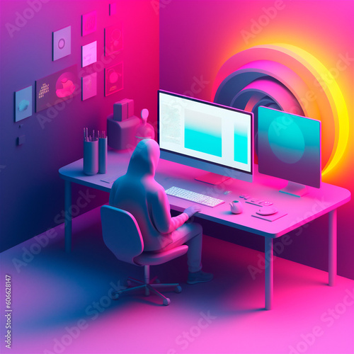 stylized 3D illustration of designer's workspace with computer in home office. AI generated