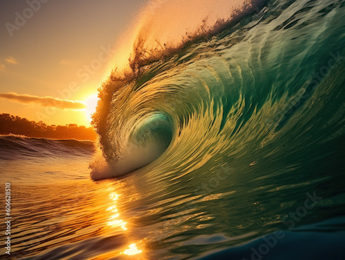 Surfer on Blue Ocean Wave in the Tube Getting Barreled in the golden hour photo