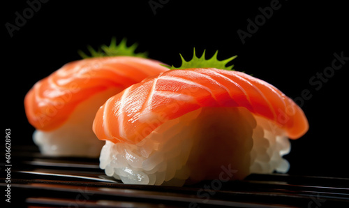 Sushi roll with salmon, smoked eel, avocado, cream cheese on black background.