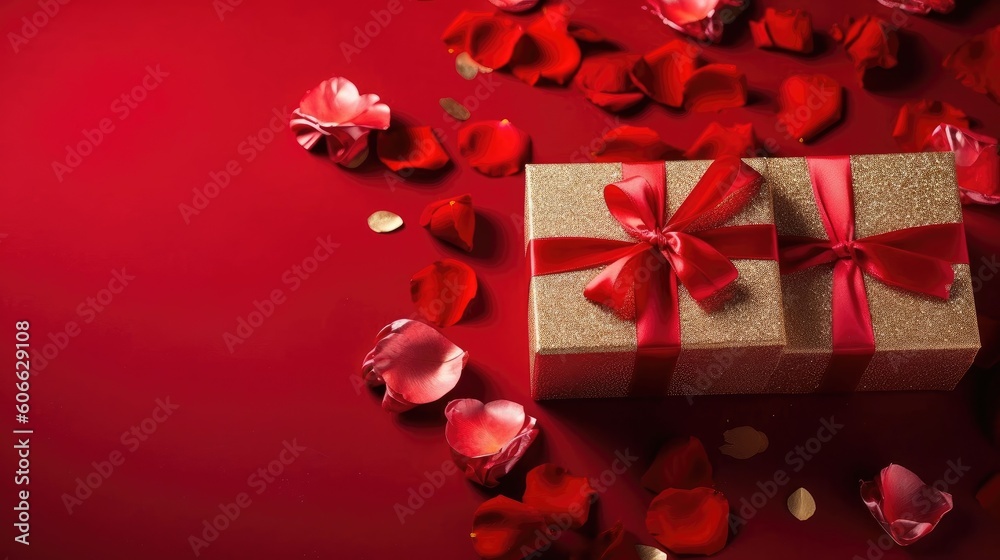 Valentine day banner design of a collection of Gift box and red flowers on red background Valentine day banner design of a collection of Gift box and red flowers on red background