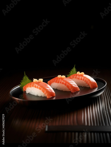 Sushi roll with salmon, smoked eel, avocado, cream cheese on black background.