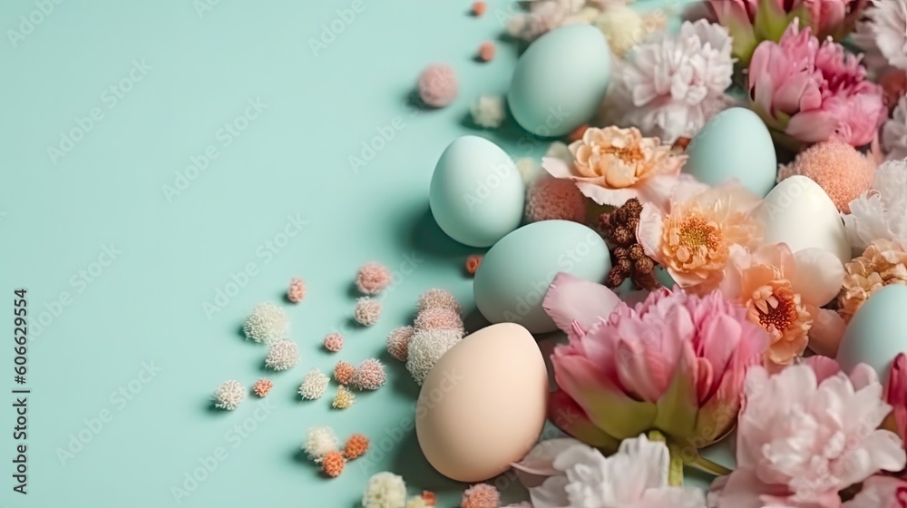 Top View of Happy Easter Day banner concept design of colorful eggs and plants on pastel background