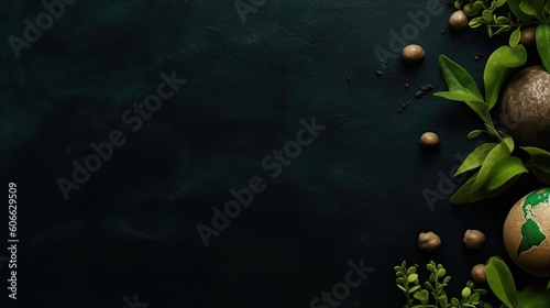 Top View of Earth Day banner concept design of plants  plant seeds and miniature earth on green background