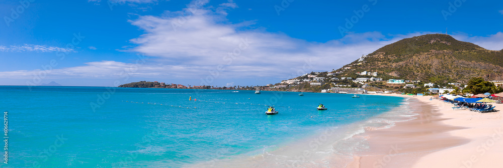 Caribbean vacation in Philipsburg, Sint Maarten scenic panoramic shoreline and sand beaches.