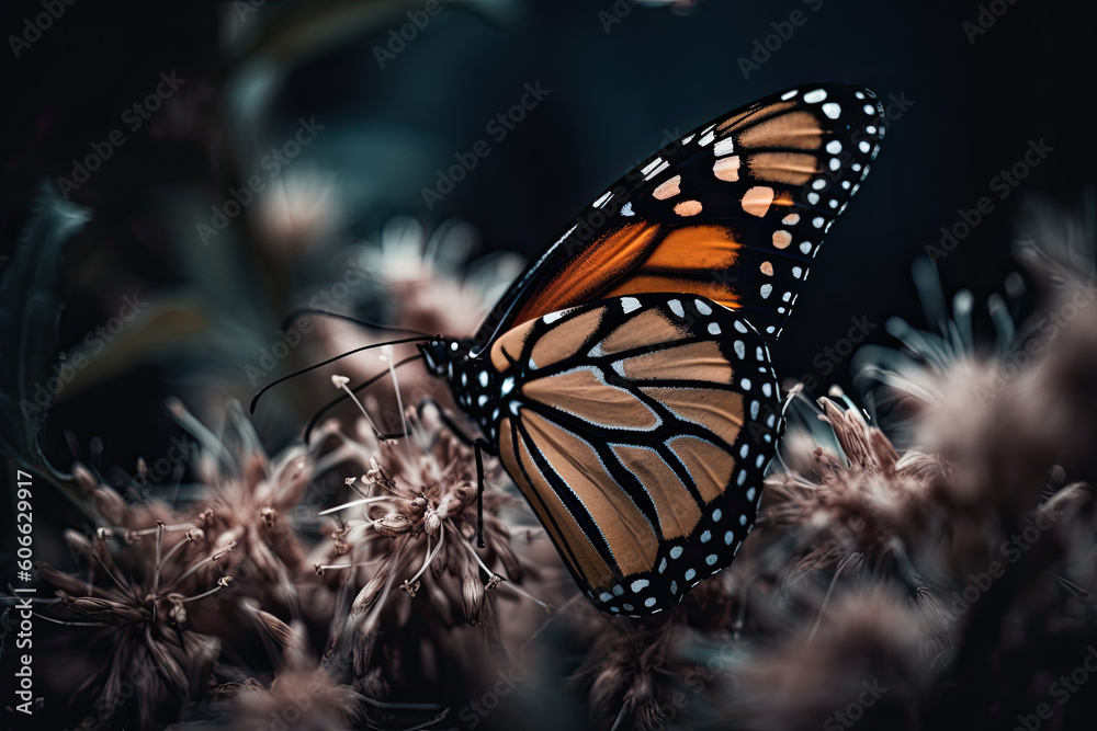 a monarch butterfly sitting on top of some white flowers in the background is a dark blue sky and green foliage. Generative Ai a monarch butterfly sitting on top of some white flowers in the background is a dark blue sky and green foliage. Generative Ai