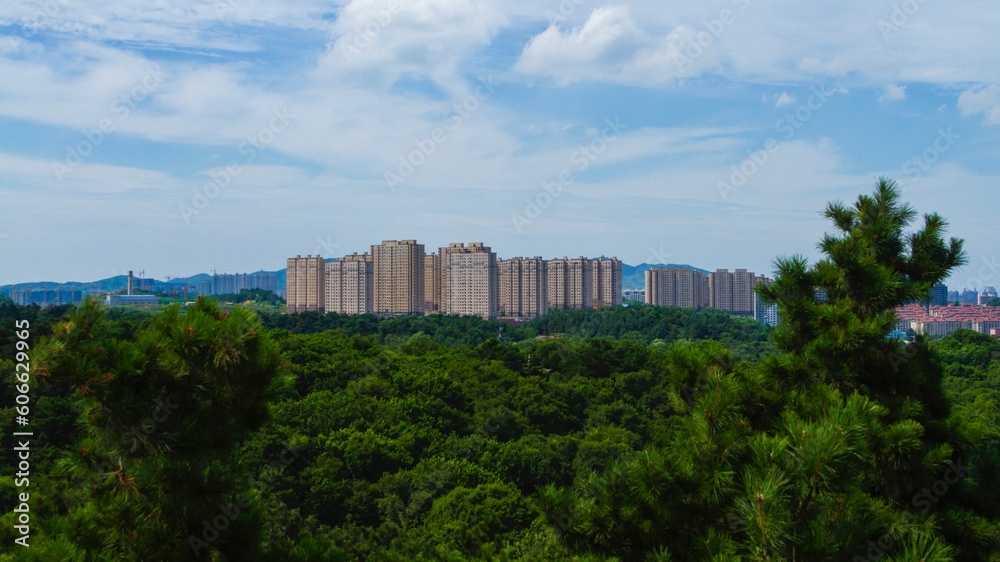 Linhai,Heilongjiang,China - June 21 2021: skyline of apartment buildings in China.
