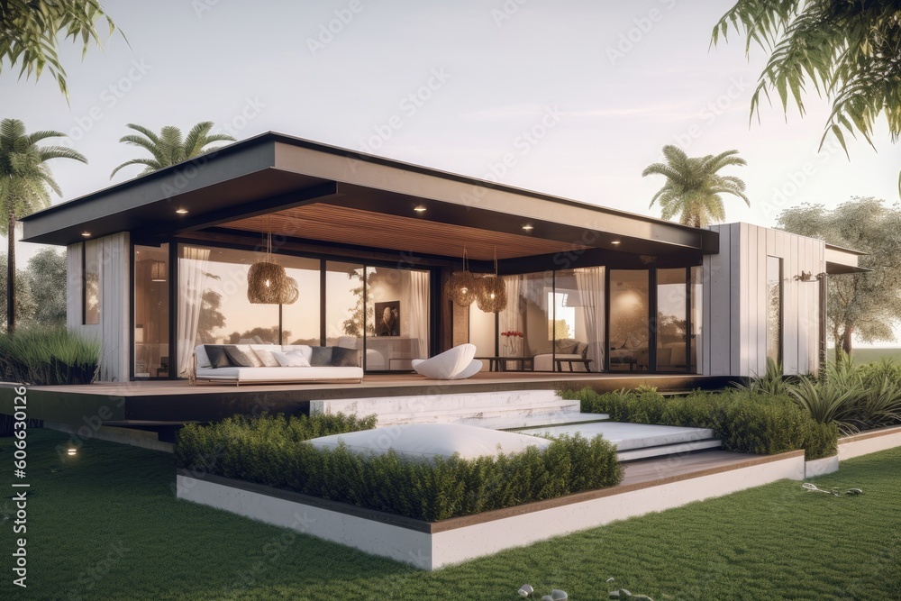 luxurious beautiful Modern futuristic minimal exterior architecture during sunset golden hour with ambient lamp lighting floor to ceiling windows nature views made with Generative Ai