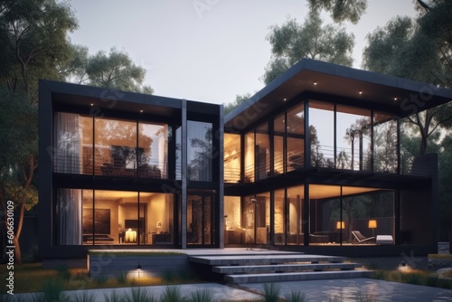 luxurious beautiful Modern futuristic minimal exterior architecture during sunset golden hour with ambient lamp lighting floor to ceiling windows nature views made with Generative Ai