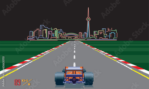 Pixelated retro arcade racing car formula. pixel night city background