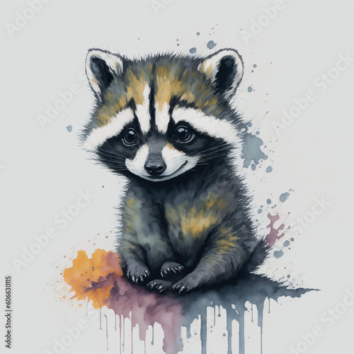 water color of baby raccoon cub, small, nursery wall art, amazing art, in the center, clip art, vivid multicolor colors, Peter Draws, digital illustration, comic style, warm monochrome on white paper