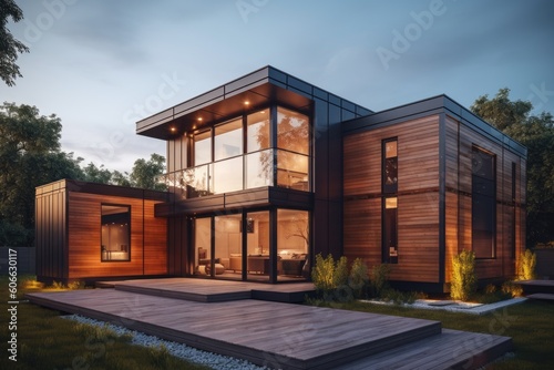 luxurious beautiful Modern futuristic minimal exterior architecture during sunset golden hour with ambient lamp lighting floor to ceiling windows nature views made with Generative Ai © Christian