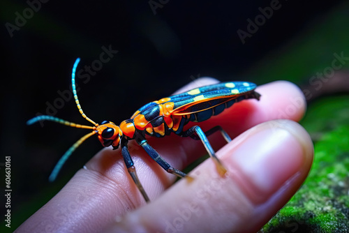 a colorful insect on someone's finger, taken from the side to show how it looks like an orange and blue beetle. Generative Ai photo