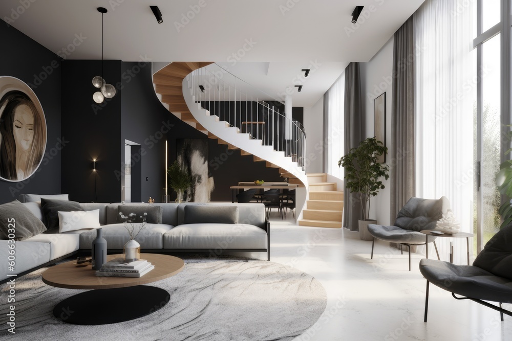 Picture of Moody luxurious penthouse loft living room interior with minimal modern ...