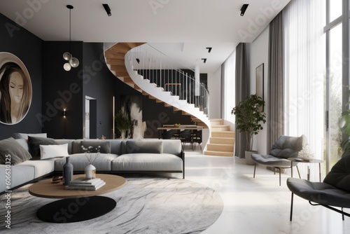 Moody luxurious penthouse loft living room interior with minimal modern designer styled furnitureMade with Generative Ai photo