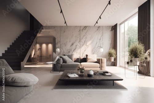 Bright moody beautiful interior design living room with low sofa marble accent professionally styled minimal modern penthouse loft Made with Generative Ai
