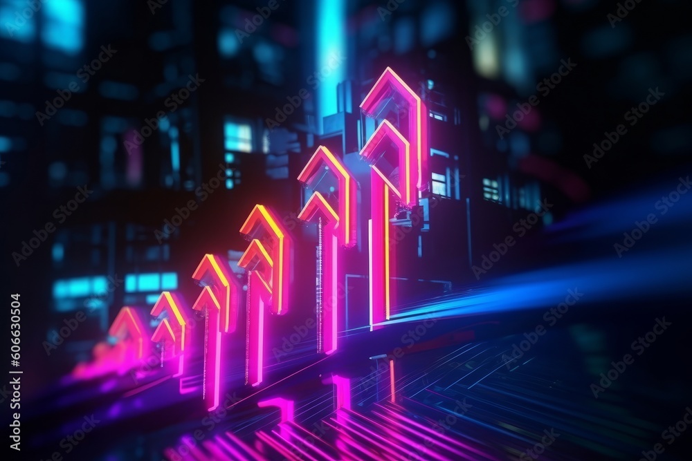 3D rendering of neon glowing arrows in space. Futuristic background, generative Ai
