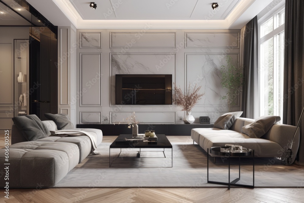 Fototapeta premium Glam Chic minimal modern living room designer interior with styled furniture marble walls monochromatic Made with Generative Ai